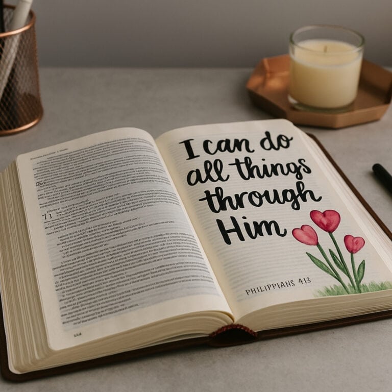 Bible journaling for beginners with an open Bible on a gray table, featuring Philippians 4:13 creatively lettered with rose gold accents and minimalistic decor.