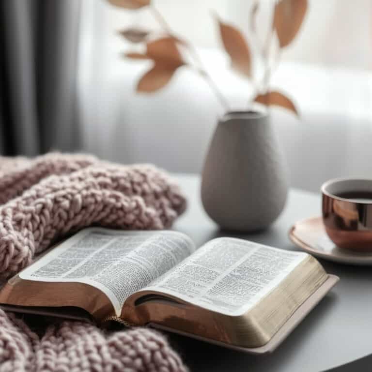 Open Bible on a modern gray table with a rose gold coffee cup, cozy blush knit blanket, and neutral vase with dried leaves in soft morning light.