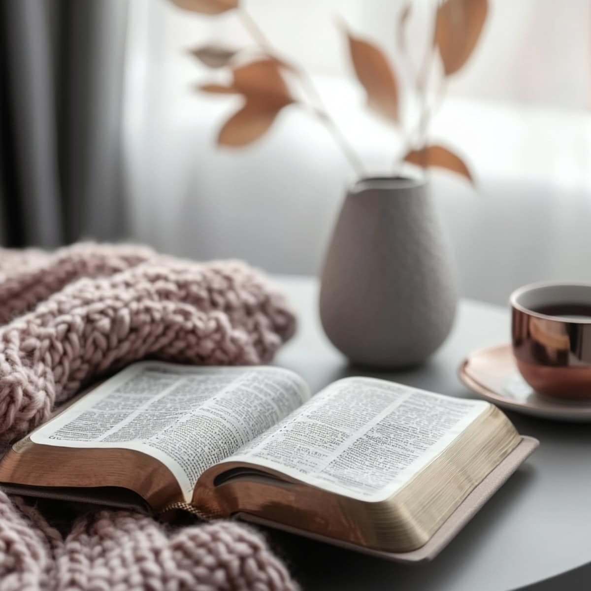 Open Bible on a modern gray table with a rose gold coffee cup, cozy blush knit blanket, and neutral vase with dried leaves in soft morning light.
