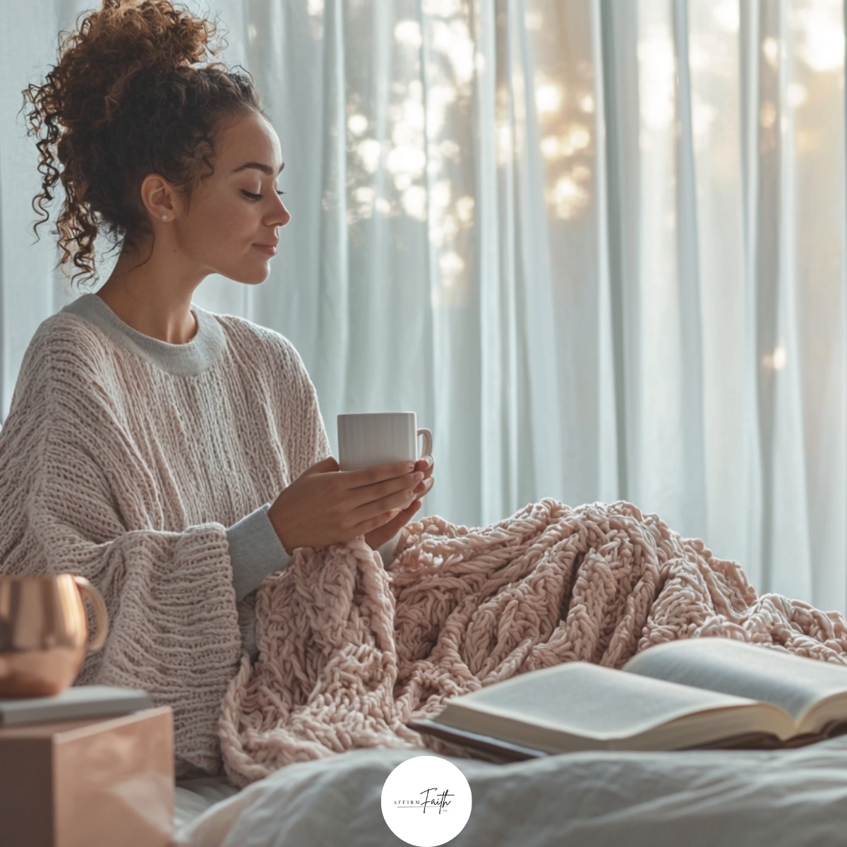 Woman enjoying a peaceful Christian morning routine wrapped in a blush knit blanket, holding a white mug with an open Bible and journal nearby, sitting in a modern, softly lit bedroom with gray and rose gold accents.