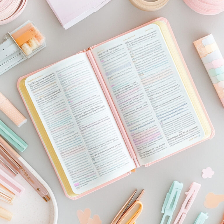 Flat lay of a pastel Bible open to color-coded Scripture, surrounded by Bible-safe pens and tabs, illustrating a simple Bible color coding system for beginners.