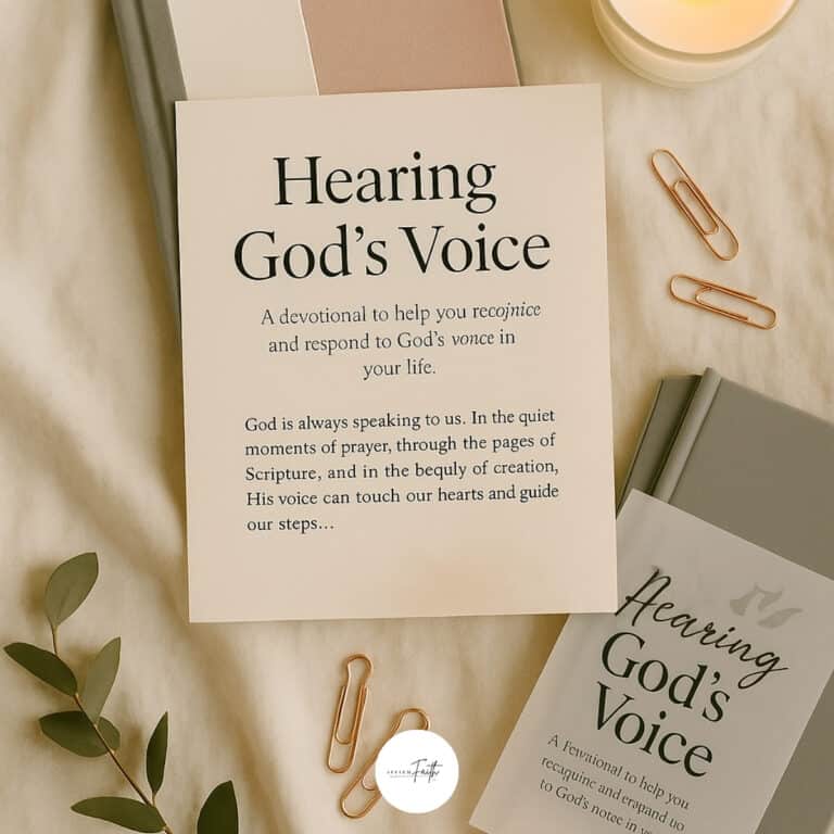 Flat lay image featuring a devotional titled "Hearing God’s Voice" placed on top of pastel-toned books with rose gold paperclips, a lit candle, and a soft beige fabric background. The scene is styled with a sprig of greenery and gentle natural light, creating a calm and spiritual atmosphere for the post on Hearing God's voice