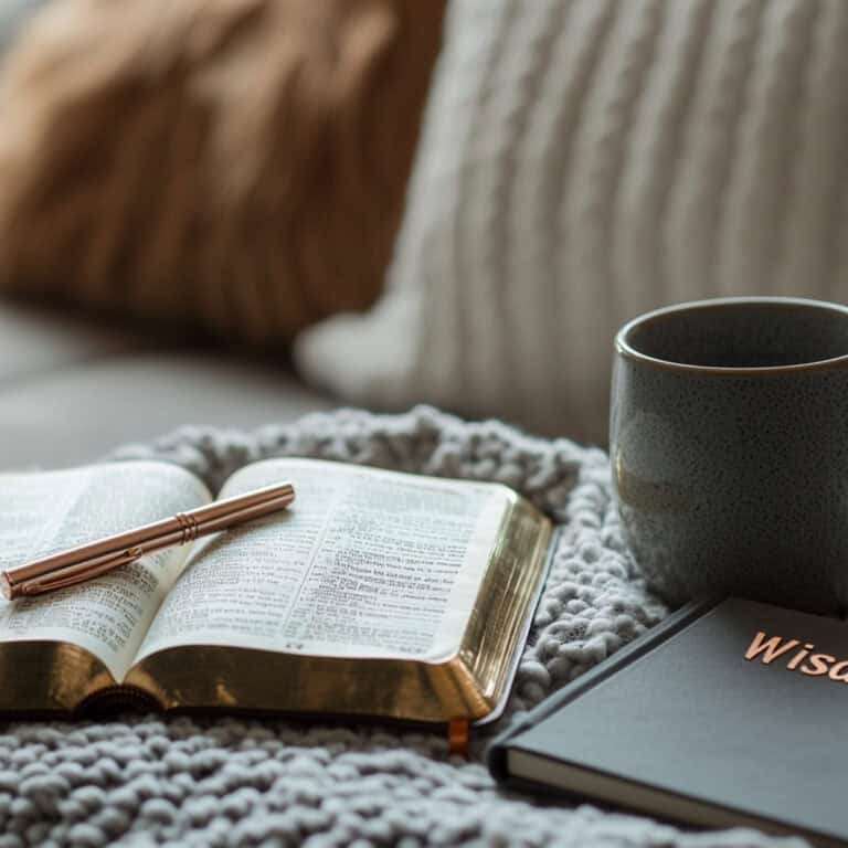Flat lay of an open Bible with a rose gold pen resting on its pages, a gray ceramic mug, and a black journal titled “Wisdom” on a chunky gray knit blanket, styled on a cozy couch with neutral pillows—perfect for a peaceful Proverbs devotional moment.