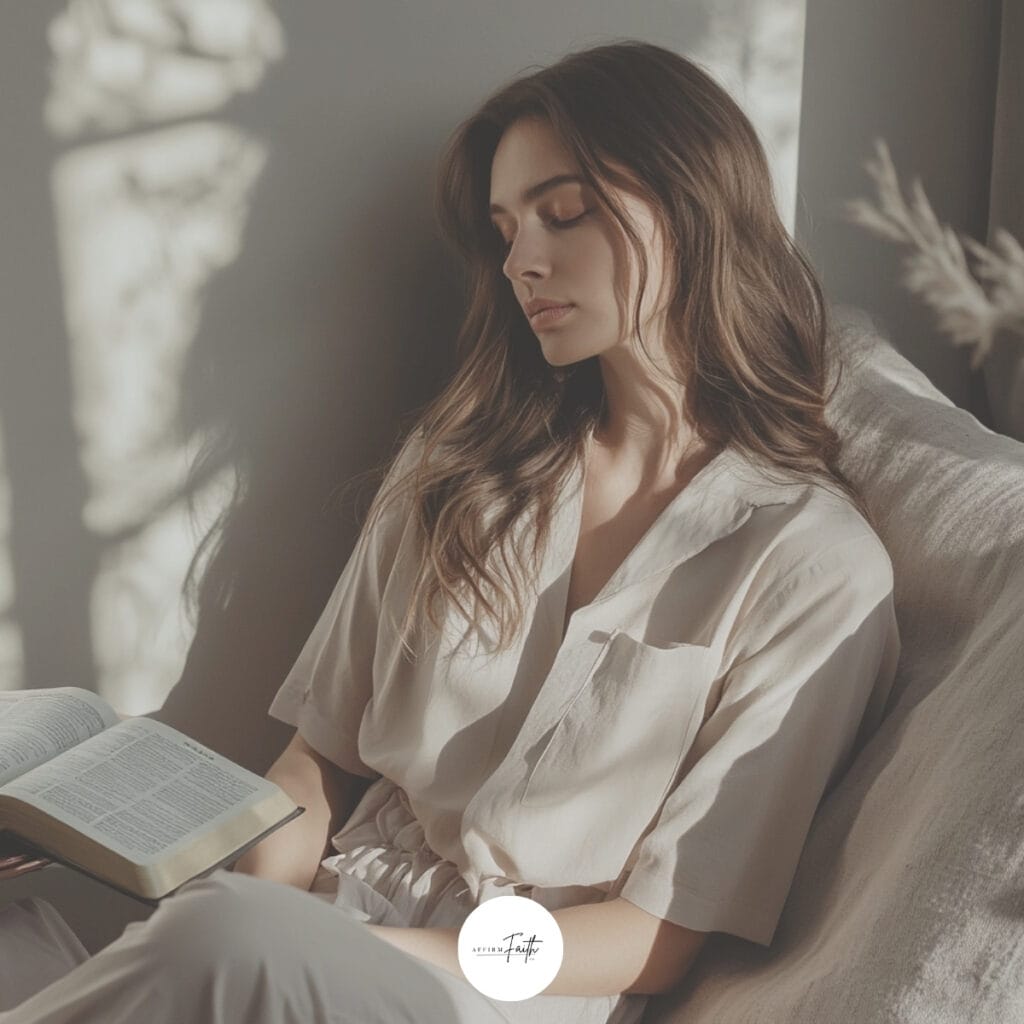 When God Is Silent: 7 Biblical Anchors for the Waiting Season 1 Brown-haired woman sitting quietly in soft natural light, reflecting while holding an open Bible in her lap, dressed in neutral-toned clothing on a cream sofa, symbolizing stillness and faith during a season of God's silence