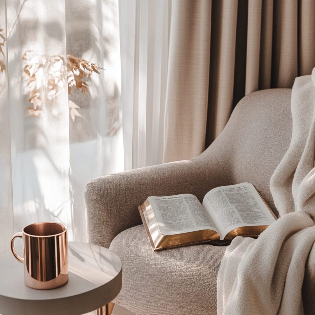 Anxiety in the Bible: 10 Scriptures That Will Calm Your Heart + How to Use Them 3 Open Bible on a soft beige armchair beside a rose gold coffee mug on a gray table, with cozy blanket and sheer curtains letting in warm morning light. Minimalist, faith-inspired reading nook with calming gray and rose gold accents.