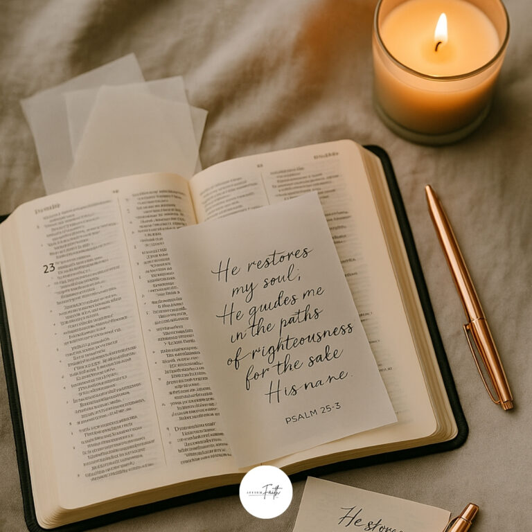 Flat lay of an open Bible with translucent vellum overlay featuring Psalm 23:3 handwritten in elegant script, rose gold pen and lit candle nearby, soft gray linen background, peaceful and minimalist Bible journaling setup for a post on spiritual reset guide