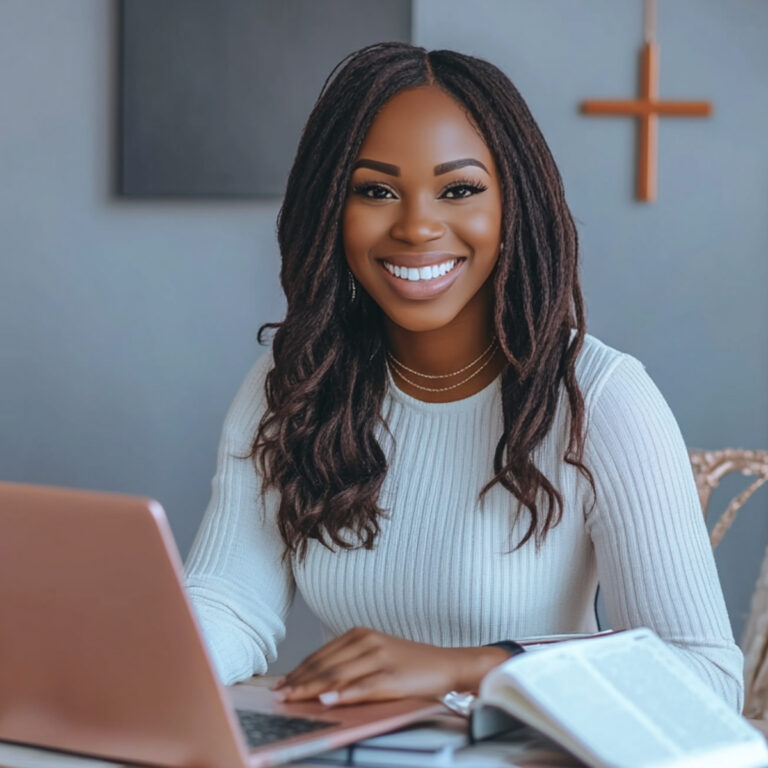 Smiling Black woman sitting at a rose gold-accented desk with a laptop and open Bible, in a modern home office with gray walls and a wooden cross in the background. She is wearing a light ribbed sweater, with cozy and elegant decor including pampas grass and a knit blanket. Faith-based workspace scene by affirmfaithco.com
