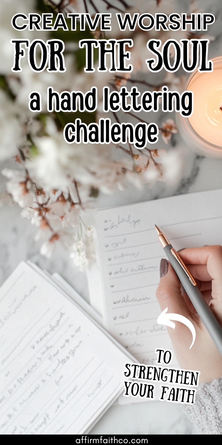 Creative worship hand lettering challenge with a rose gold pen and floral decor, encouraging spiritual growth through faith-based journaling on marble background