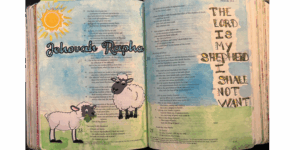 Bible journaling pages for creative worship idea featuring Psalm 23 with illustrated sheep, hand-lettered Scripture, and a watercolor background, designed to inspire creative faith expression.