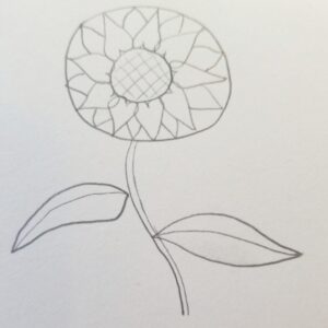 Bible Journaling Drawings: Simple & Beautiful Ways to Worship Through Art (Even If You’re Not an Artist) 6 Pencil drawing of a sunflower for Bible journaling with crosshatch shading added to the center, detailed leaves, and layered petal design