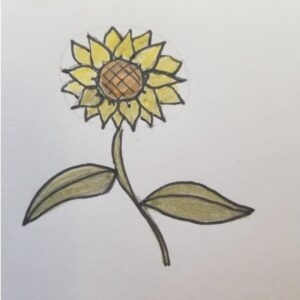 Bible Journaling Drawings: Simple & Beautiful Ways to Worship Through Art (Even If You’re Not an Artist) 7 Completed Bible journaling sunflower drawing with yellow petals, brown crosshatched center, and green leaves outlined in black marker