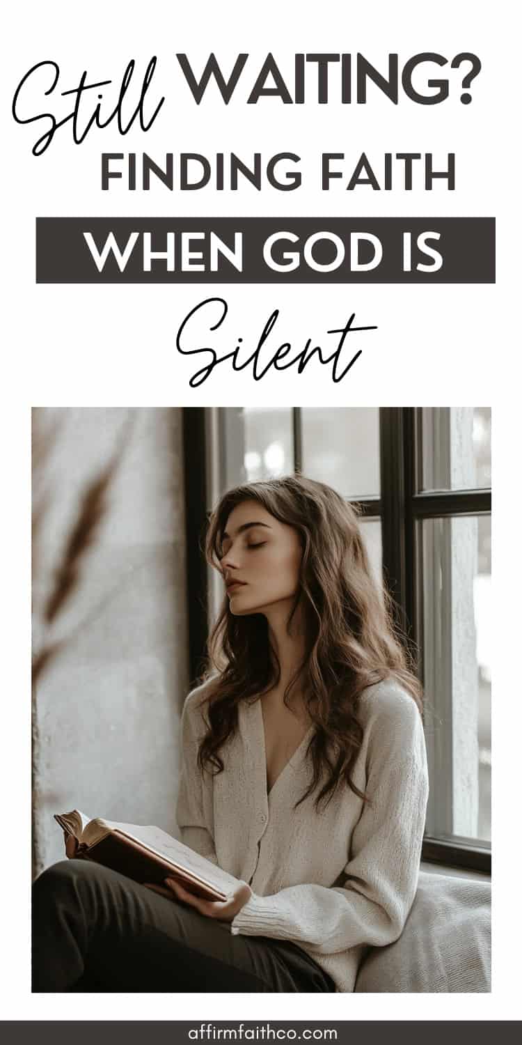 When God Is Silent: 7 Biblical Anchors for the Waiting Season 1 Brown-haired woman sitting quietly in soft natural light, reflecting while holding an open Bible in her lap, dressed in neutral-toned clothing on a cream sofa, symbolizing stillness and faith during a season of God's silence