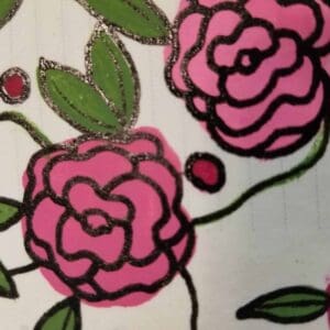 Bible Journaling Drawings: Simple & Beautiful Ways to Worship Through Art (Even If You’re Not an Artist) 24 Finished drawing of pink carnations outlined in bold black with green leaves and decorative dots, showcasing a vibrant and stylized flower design for Bible journaling