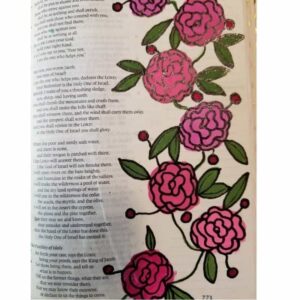 Bible Journaling Drawings: Simple & Beautiful Ways to Worship Through Art (Even If You’re Not an Artist) 25 Bible journaling page decorated with vibrant pink carnations outlined in black and green leaves, beautifully arranged along the margin of Isaiah 41 — a creative floral illustration for faith-based art