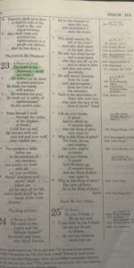 Psalm 23 highlighted with Bible-safe highlighters as part of a beginner-friendly Scripture color coding chart for Bible study