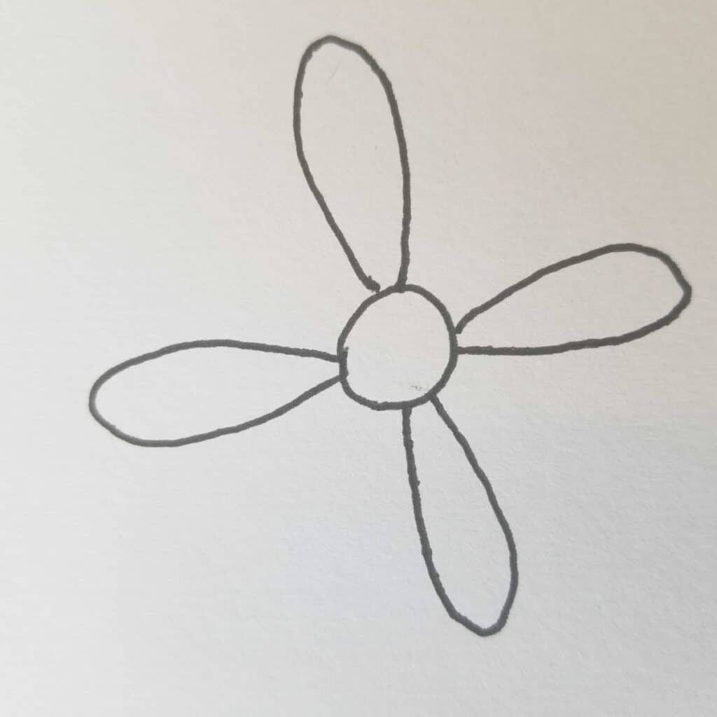 Bible Journaling Drawings: Simple & Beautiful Ways to Worship Through Art (Even If You’re Not an Artist) 12 Bible journaling daisy drawing in progress, showing four oval petals evenly spaced around a central circle, sketched in pencil