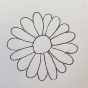 Bible Journaling Drawings: Simple & Beautiful Ways to Worship Through Art (Even If You’re Not an Artist) 13 Finished pencil sketch of a daisy for Bible journaling, featuring a round center and multiple evenly spaced oval petals forming a full flower shape