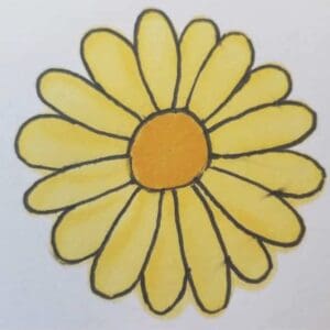 Bible Journaling Drawings: Simple & Beautiful Ways to Worship Through Art (Even If You’re Not an Artist) 14 Colored Bible journaling drawing of a daisy with bright yellow petals and a vibrant orange center, outlined in black for a bold floral design