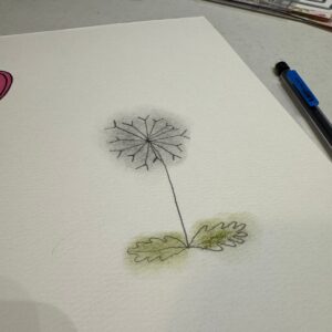 Bible Journaling Drawings: Simple & Beautiful Ways to Worship Through Art (Even If You’re Not an Artist) 21 Lightly shaded dandelion drawing with soft black and green coloring on the seed head and leaves, showing a finished, whimsical look perfect for Bible journaling pages