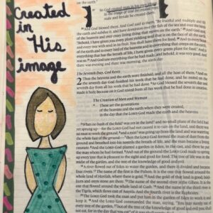 Bible journaling for beginners page featuring Genesis 1:27 with hand-drawn illustration of a woman and the phrase "Created in His image" in artistic lettering.