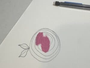 Bible Journaling Drawings: Simple & Beautiful Ways to Worship Through Art (Even If You’re Not an Artist) 17 Partially colored spiral rose drawing with pencil outlines and two leaves on watercolor paper, shown next to a black pen — step-by-step flower illustration for Bible journaling.