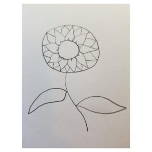 Bible Journaling Drawings: Simple & Beautiful Ways to Worship Through Art (Even If You’re Not an Artist) 5 In progress pencil sketch of a sunflower for Bible journaling, featuring layered petals, stem, and leaves drawn with clean outlines