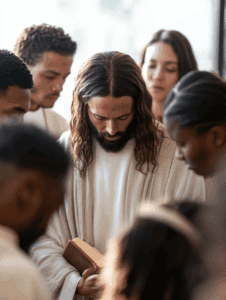 30 Encouraging Bible Verses for Hard Times (With Reflections & Printable Guide) 2 Jesus standing among a diverse group of followers, gently comforting them with a peaceful expression and an open Bible in hand—symbolizing encouragement, unity, and divine presence during hard times.